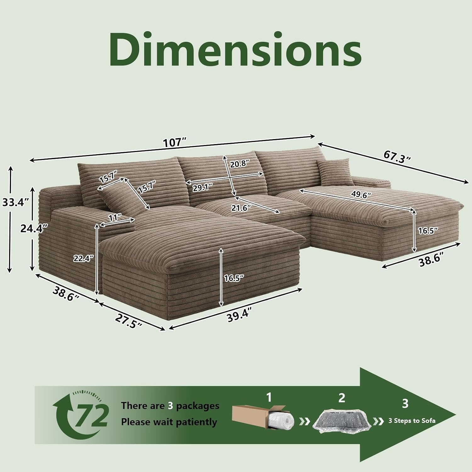 107' Cloud Couch Modular Sectional Sofa for Living Room, U-Shape Boneless Couch with Deep Seat, Modern Corduroy 3-Seater with Ottoman, No Assembly Required (Camel,Right-Facing Chaise)