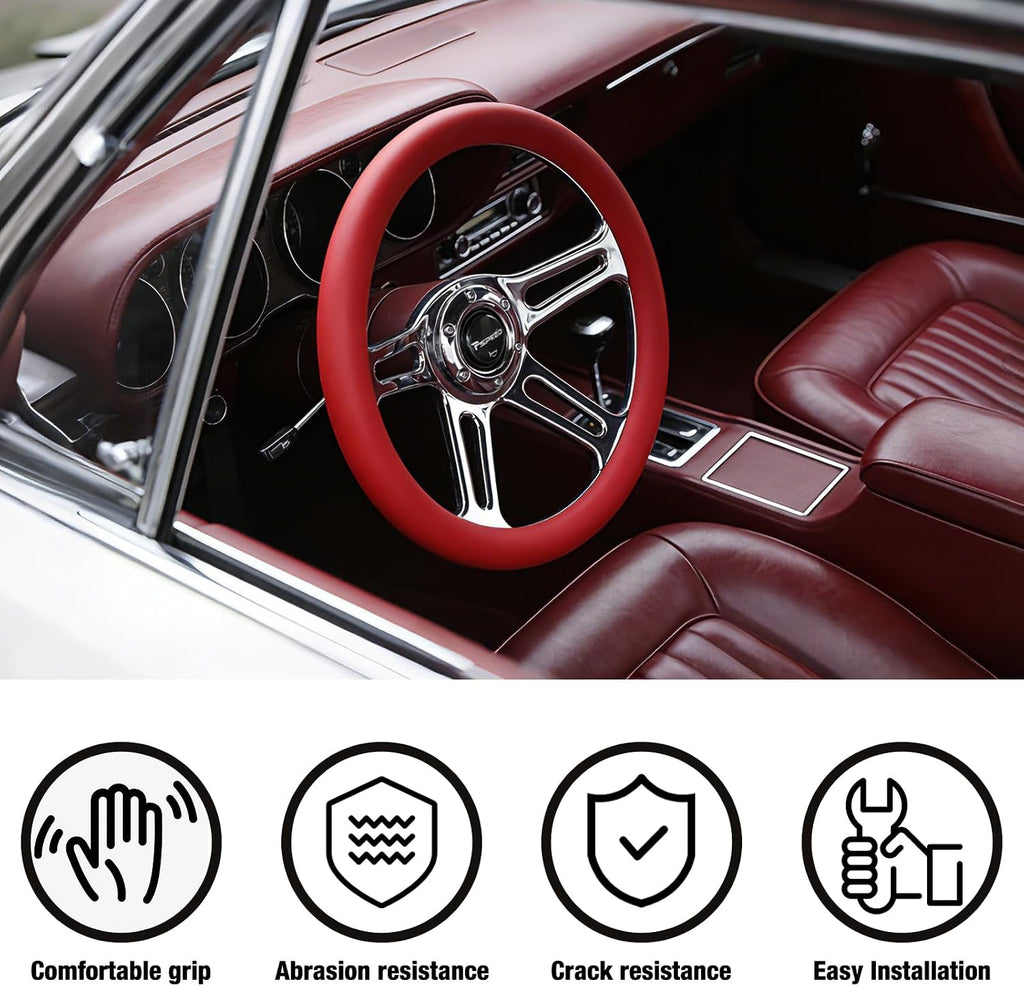 14 inch Red steering wheel,6 Bolt Hole 4 Spoke Chrome-Plated Aluminum Alloy, Deep Dish 70mm, Red Leather Grip with Horn Button Fit for Cars,for Classic Car,for Vintage Car Steering Wheel