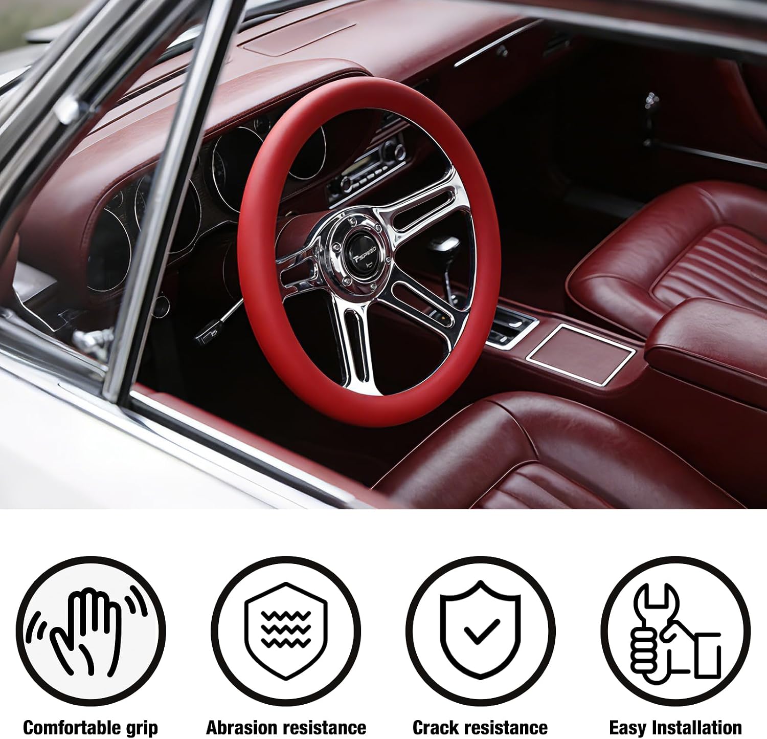 14 inch Red steering wheel,6 Bolt Hole 4 Spoke Chrome-Plated Aluminum Alloy, Deep Dish 70mm, Red Leather Grip with Horn Button Fit for Cars,for Classic Car,for Vintage Car Steering Wheel
