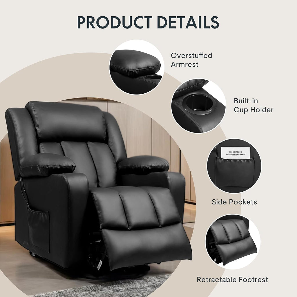 FLEXISPOT XL31 Power Lift Recliner Chair for Elderly, Electric Lift Chair with Massage & Heat, PU Leather Reclining Sofa w/Cup Holders, Side Pockets for Living Room Bedroom(Medium Size,Black)