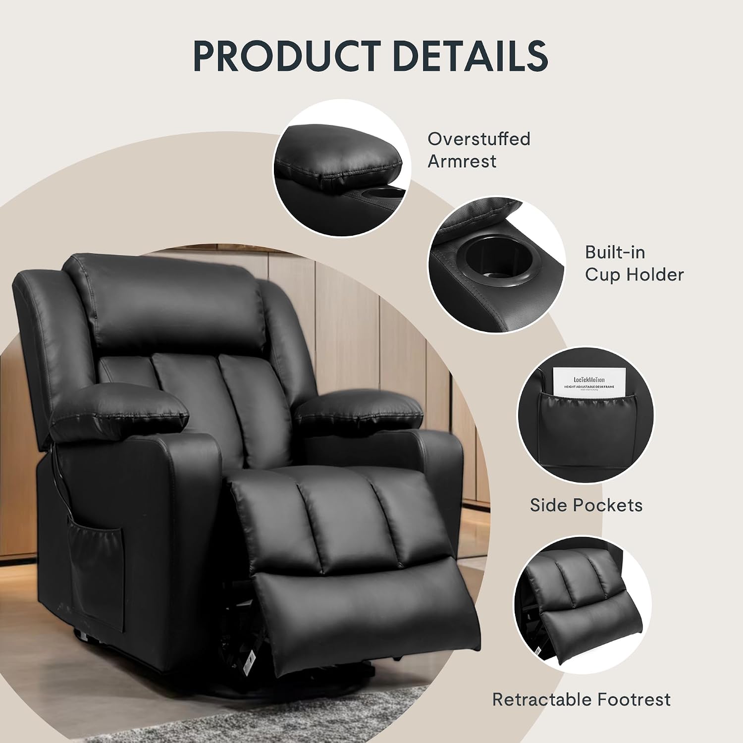 FLEXISPOT XL31 Power Lift Recliner Chair for Elderly, Electric Lift Chair with Massage & Heat, PU Leather Reclining Sofa w/Cup Holders, Side Pockets for Living Room Bedroom(Medium Size,Black)