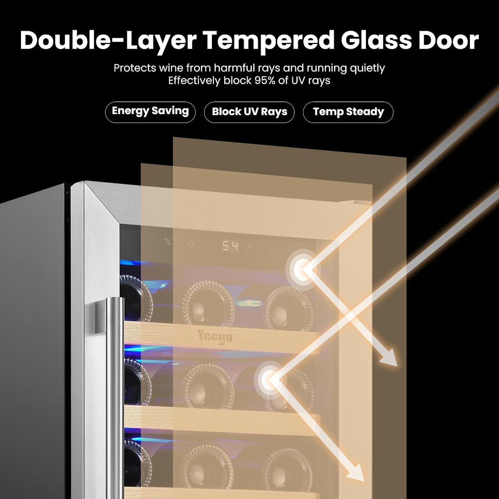 Yeego Wine Fridge – 15 Inch 33 Bottle Wine Cooler Refrigerator with Glass Door, 40-65℉ Built-In or Freestanding, Adjustable Shelves Wine Fridge Ideal for Home Bar & Kitchen
