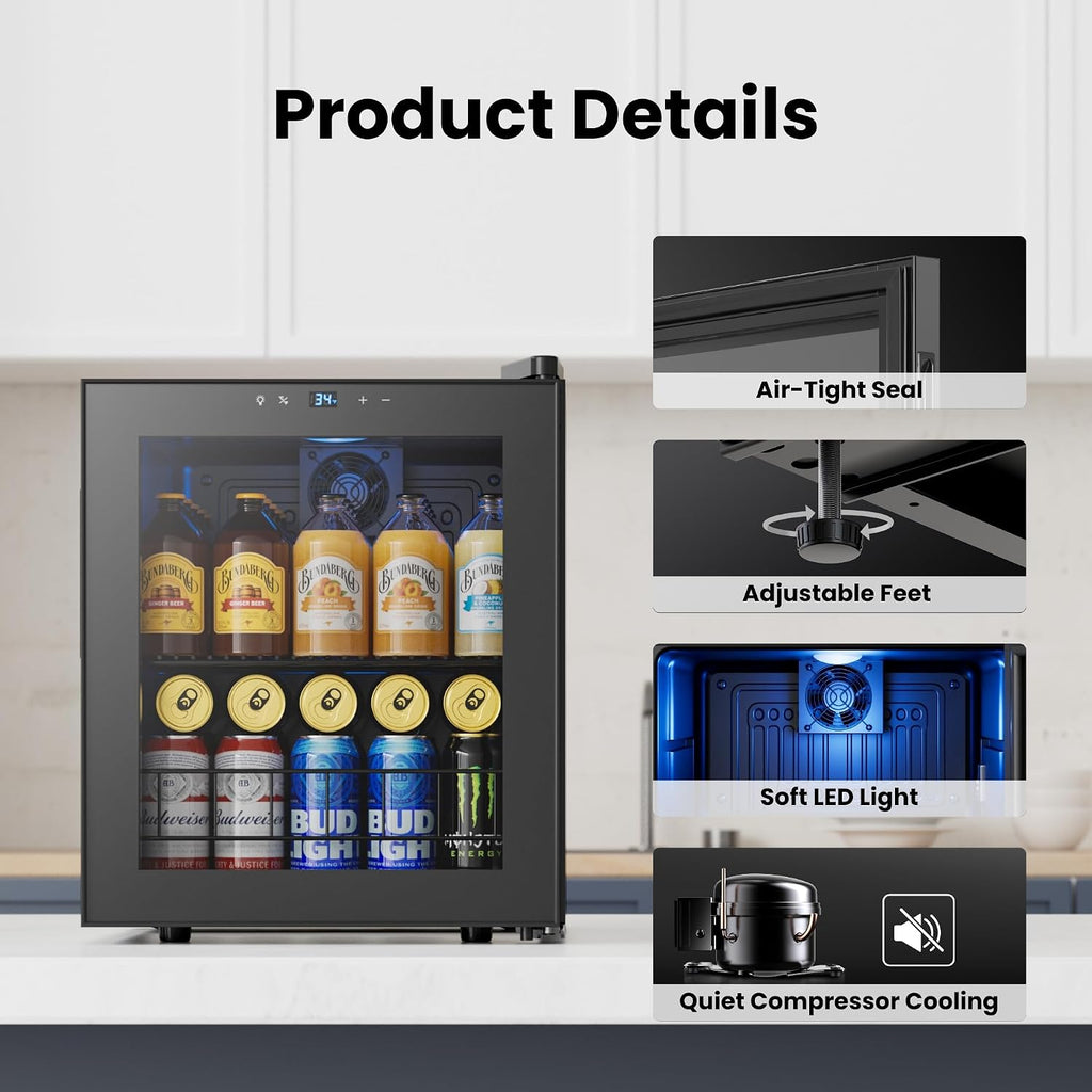 Yeego Beverage Refrigerator Cooler, 65 Cans Drink Mini Fridge with Glass Door for Soda, Beer or Wine, Beverage Cooler with Digital Temperature Control from 34°F to 54°F for Home, Office or Bar (Black)