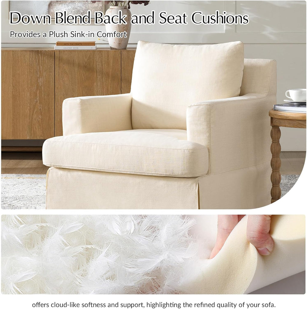 HULALA HOME Swivel Rocker Chair with Solid Wood Frame, Farmhouse Swivel Rocking Accent Chair with Washable Slipcover, Upholstered Barrel Armchair Down Blend Back and Seat Cushions, Linen