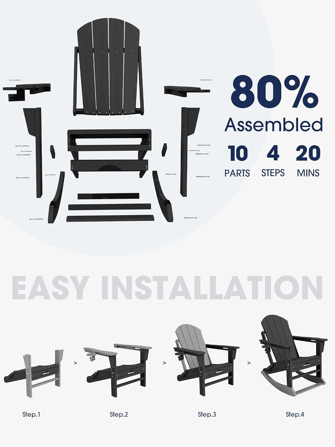 KINGYES Adirondack Rocking Chair Set of 2 with Retractable Ottoman and Cup Holders, HDPE Adirondack Rocker Patio Rocking Chair for Porch, Patio, Balcony, Black