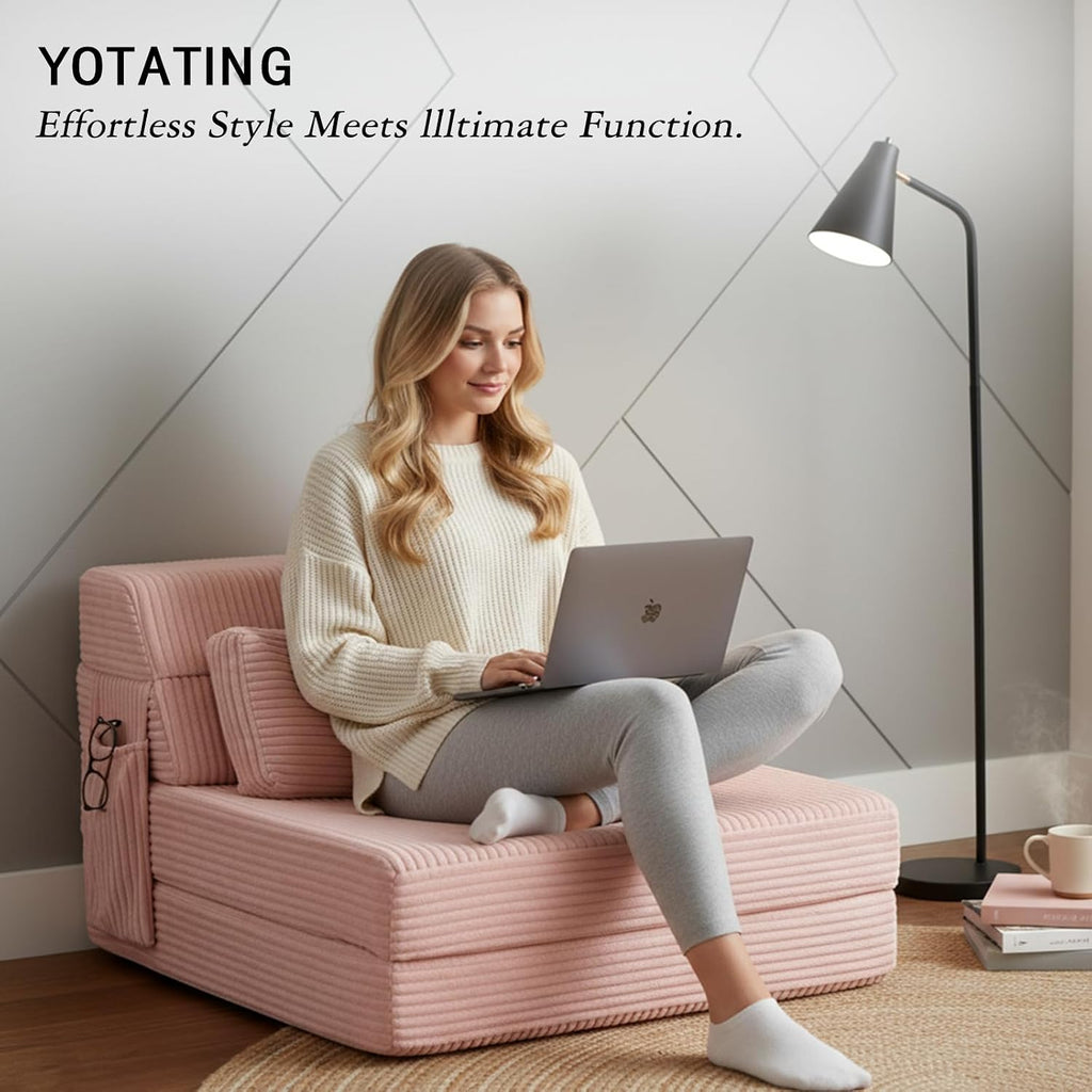 Folding Sofa Bed with Pillow, Convertible Sleeper Chair, Comfy Floor Futon Couch Mattress Lounge Sofa for Adults Portable Fold Out Chair Bed for Living Room Bedroom, Single, Pink