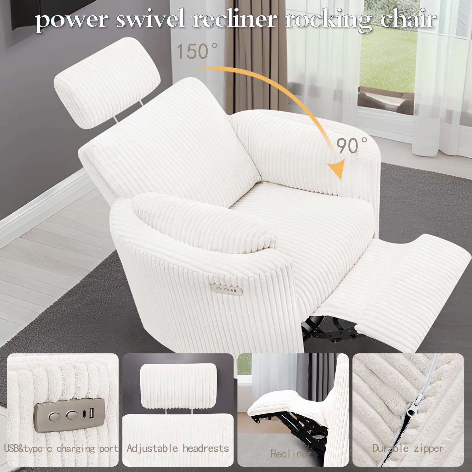 Zenosyne Power Swivel Recliner Rocking Chair Nursery Glider Rocker with Headrest, USB and Type-c Port, Corduroy Electric Reclining Sofa Chair Arm Chair for Living Room (White-2)