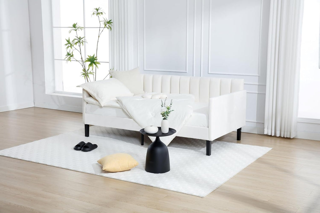 GDFStudio Twin Size Upholstered Daybed, Futon Sofa Bed Ribbed Tufted Backrest Lavish Modern Design, Couch Bed Frame for Bedroom Living Room Guest Room Apartment,Beige Velvet