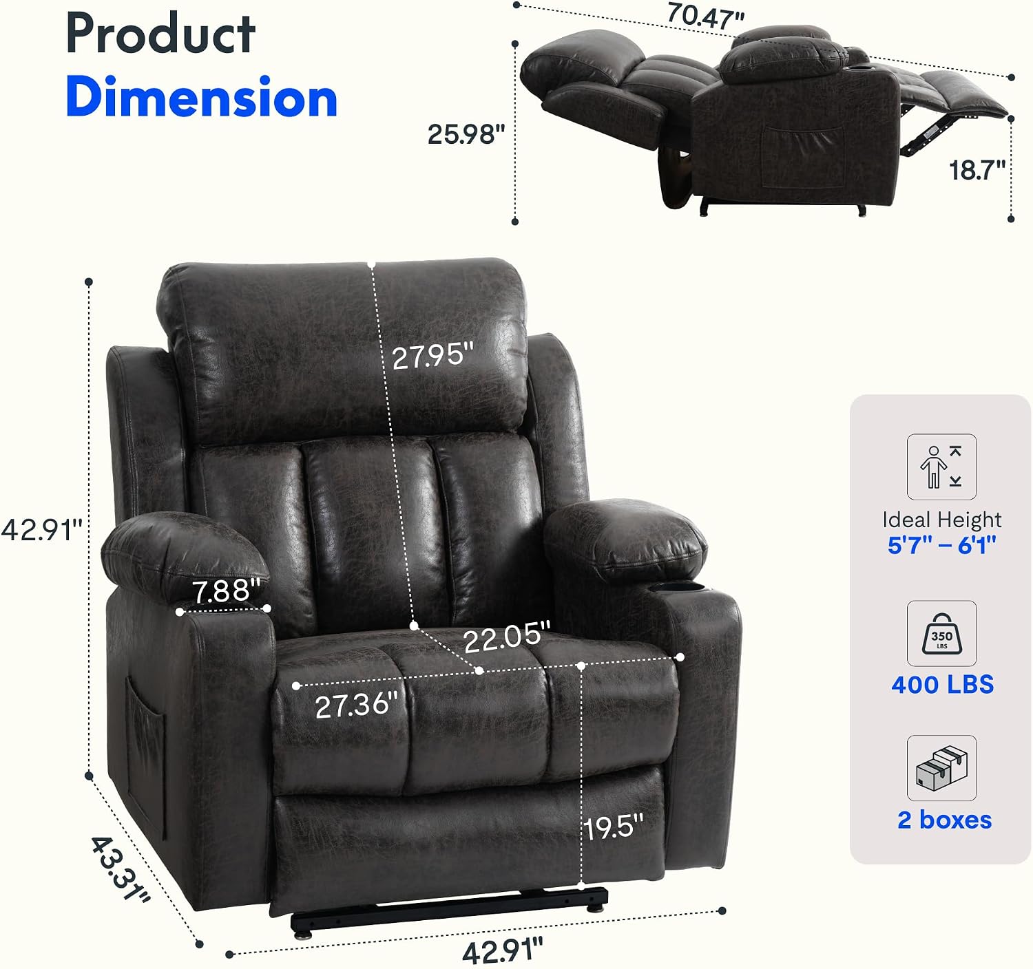 FLEXISPOT XL31-XL Oversized Power Lift Recliner Chair for Elderly, 27.4' Extra Wide Lay Flat Lift Chair w/Massage & Heat, Dual Motor Electric Reclining Chair for Big & Tall(Oversized, Dark-Grey)