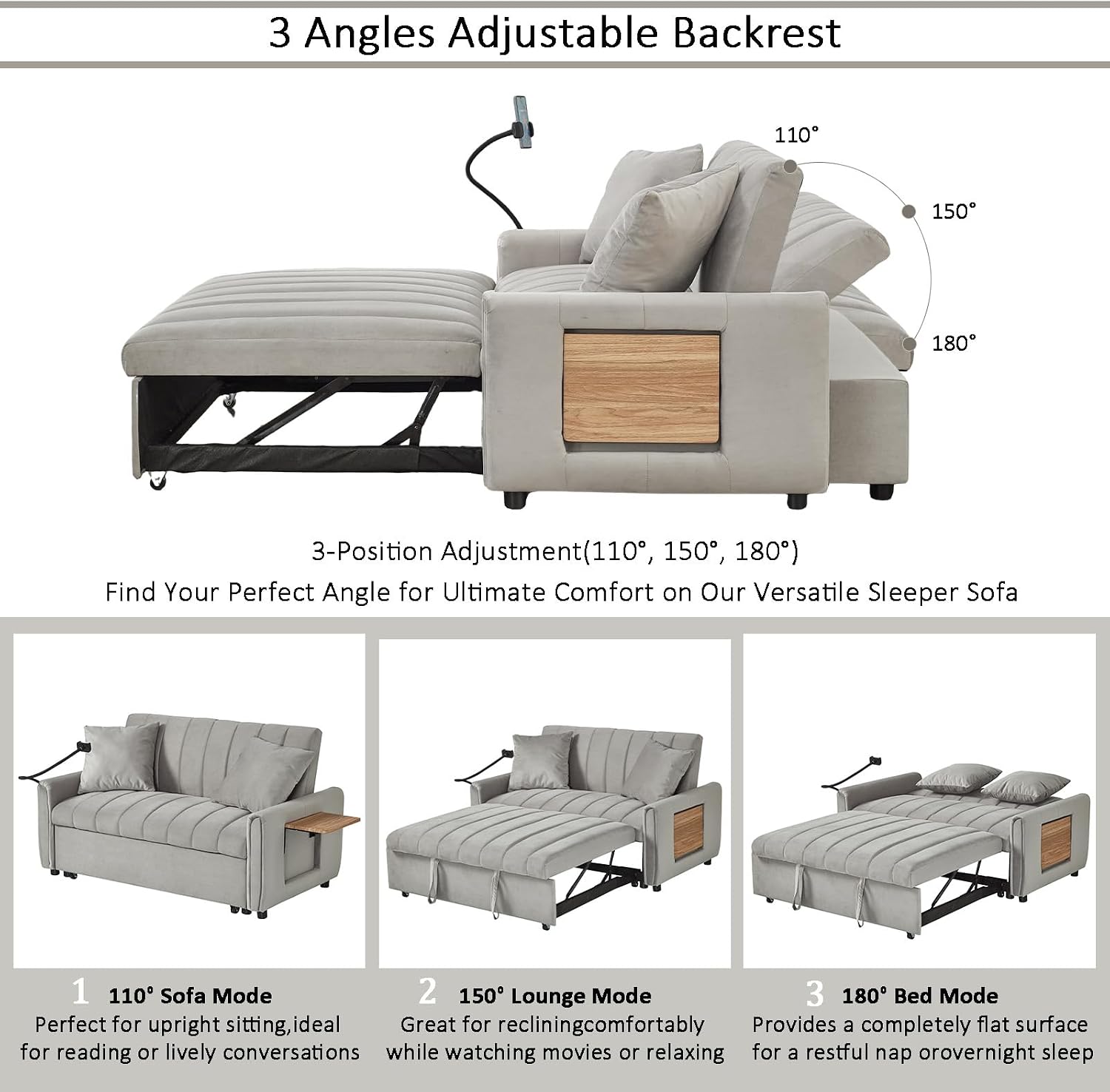 Convertible Sofa Bed, Pull Out Couch with 3-Position Reclining Backrest, Modern Velvet Upholstery Futon Sofa Bed, Loveseat Couch for Living Room, Apartments & Guest Rooms (Grey-2)