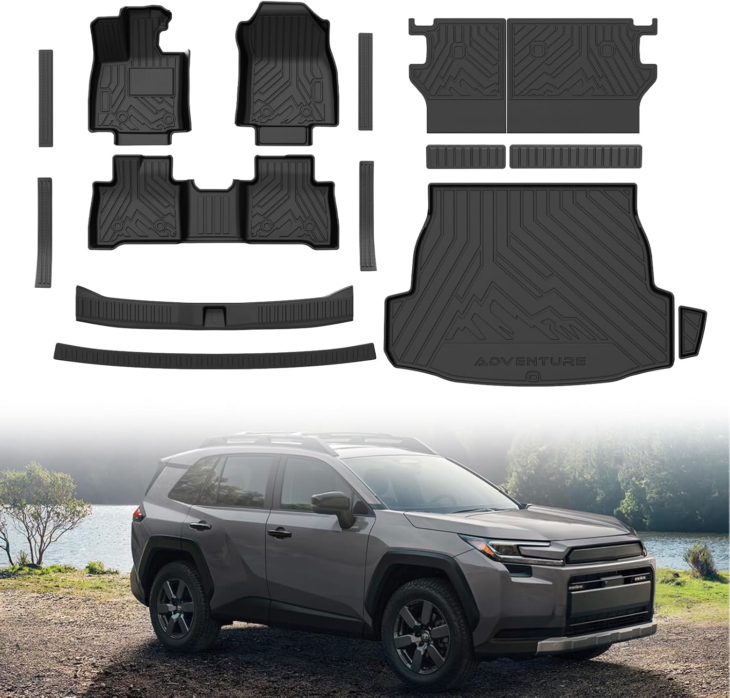 Mixsuper Floor Mat & Cargo Liner for Toyota RAV4 Hybrid 2026 (Not for Phev)(Not for Cargo Area with subwoofer),All Weather TPE RAV4 Accessories Full Set Car Mats with Door Sill Guards,Anti-Slip Black