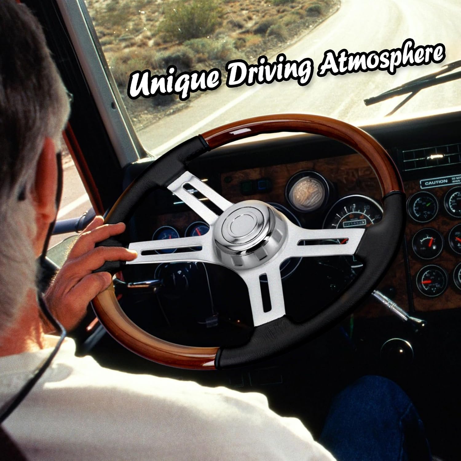 Sorghum 18' Solid Wood Steering Wheel - 4 Spokes Aluminum Chrome Leather Cover Steering Wheel with Horn Button for Semi-Trailers Trucks Compatible with Mack Kenworth Peterbilt Volvo Freightliner