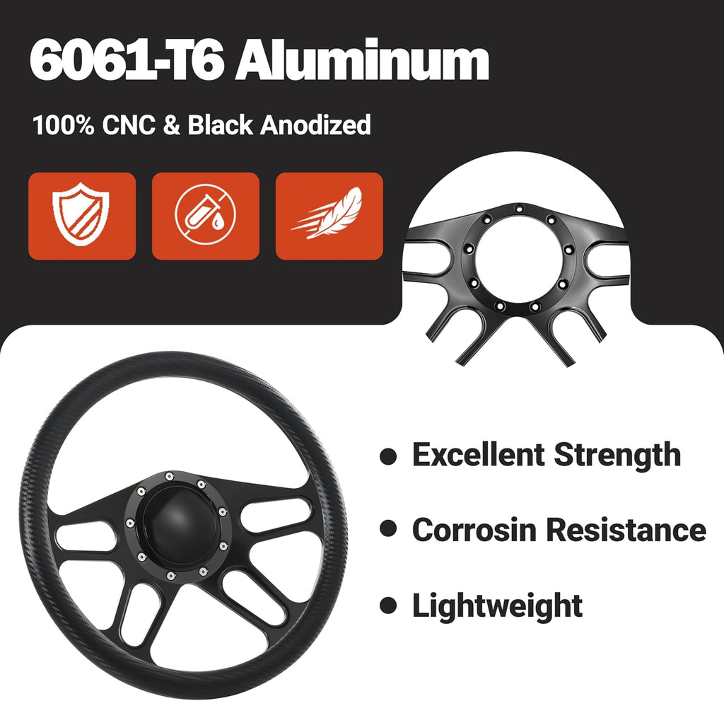 14'' Billet Half Wrap 9 Bolts Steering Wheel with 2'' Dish and Horn Button(Carbon Vinyl)