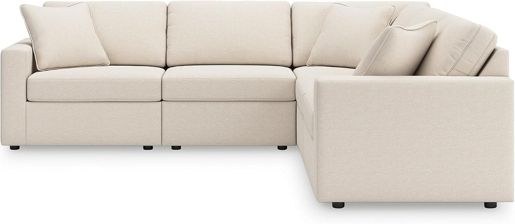 Signature Design by Ashley Modmax Contemporary Stain Resistant 5-Piece Sectional with Armrest, Throw Pillows and Reversible Cushions, Beige