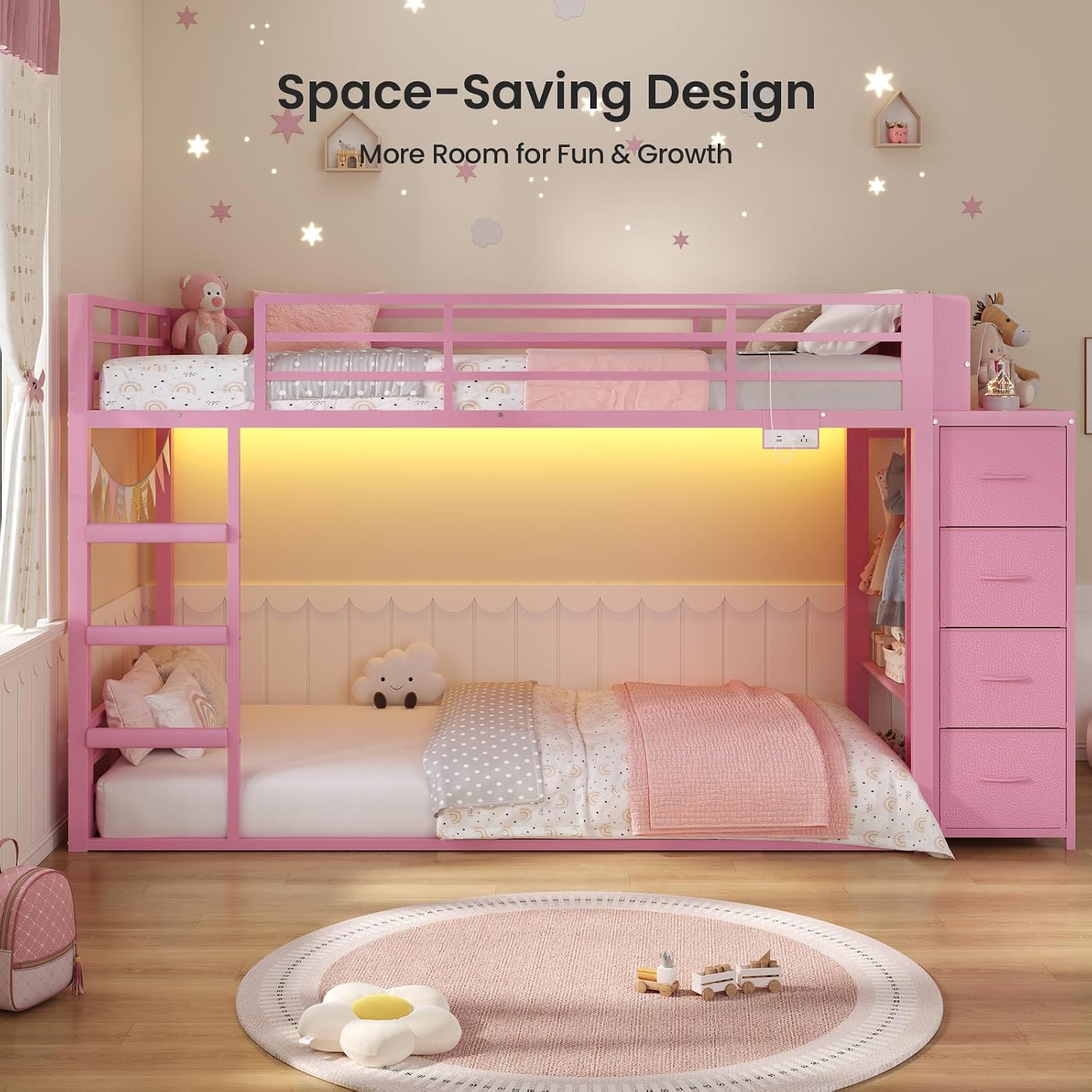 ADORNEVE Low Bunk Bed Twin Over Twin with Bookshelf, 4 Storage Drawers, Metal Kids Bunk Bed with Charging Station & RGB Lights, Clothing Rack & Shelves, Safety Guardrail & Ladder, for Girls, Pink