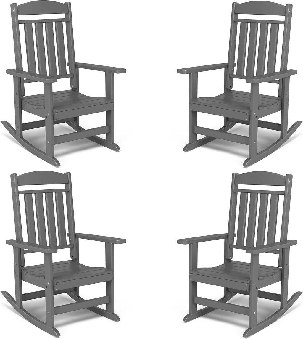FOOWIN Outdoor Rocking Chair Set of 4, High Back Patio Rocking Chair, HDPE All Weather Resistant Porch Rocker for Adult, Oversized Rocking Chairs for Garden, Lawn, Indoor & Outdoor Use, Grey
