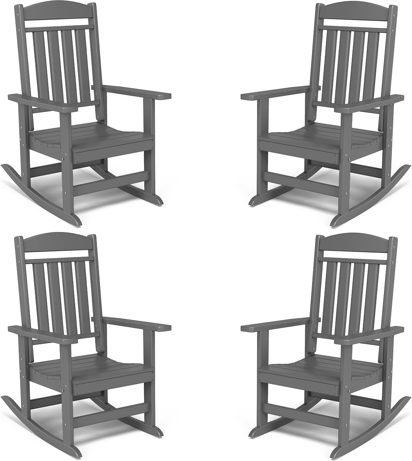 FOOWIN Outdoor Rocking Chair Set of 4, High Back Patio Rocking Chair, HDPE All Weather Resistant Porch Rocker for Adult, Oversized Rocking Chairs for Garden, Lawn, Indoor & Outdoor Use, Grey