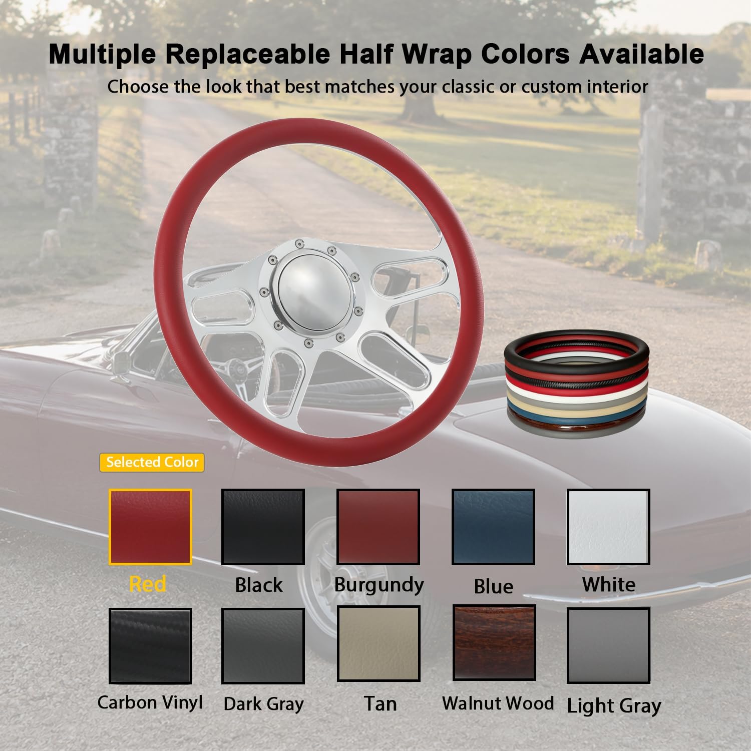14'' Billet 4-slot Half Wrap 9 Bolts Steering Wheel with 2'' Dish and Horn Button Compatible with Chevy, Ford, GM (Red)