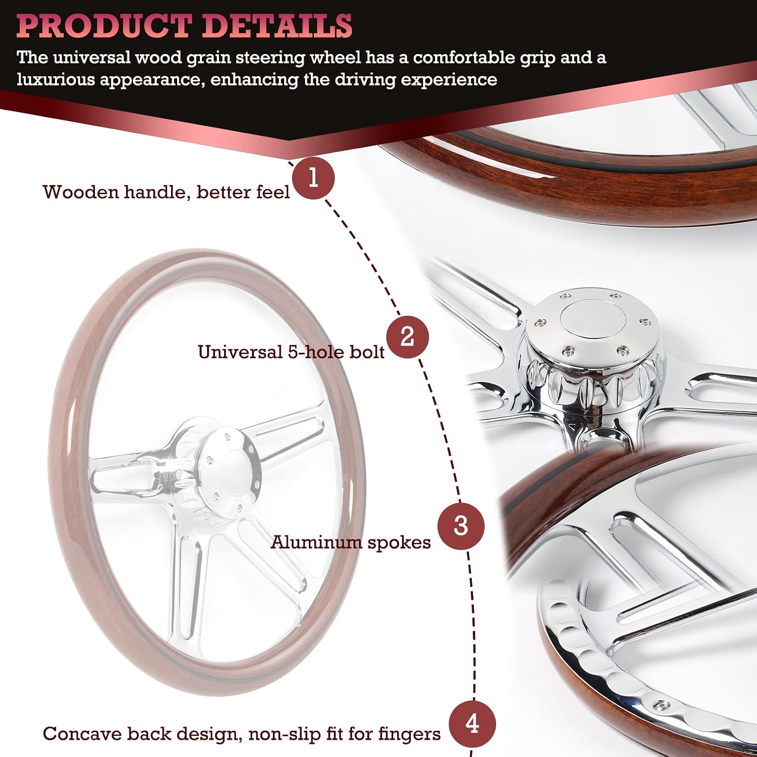 18' Solid Wood lacquering Truck Steering Wheel Chrome-Plated Aluminum Alloy 5-Bolt,Deep Dish 50mm,Fit for Kenworth for Peterbilt for Freightliner for Volvo Trucks Dark Wood Grip Steering Wheel