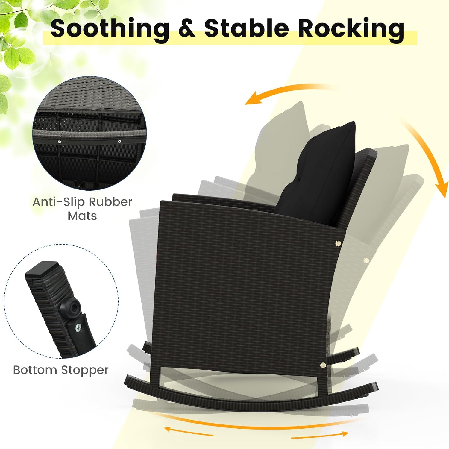 Tangkula 3 Piece Wicker Rocking Set, Patio Rattan Roker Chairs with Tempered Glass Table & Soft Cushions, Outdoor Furniture Set for Backyard, Poolside Porch (Black)