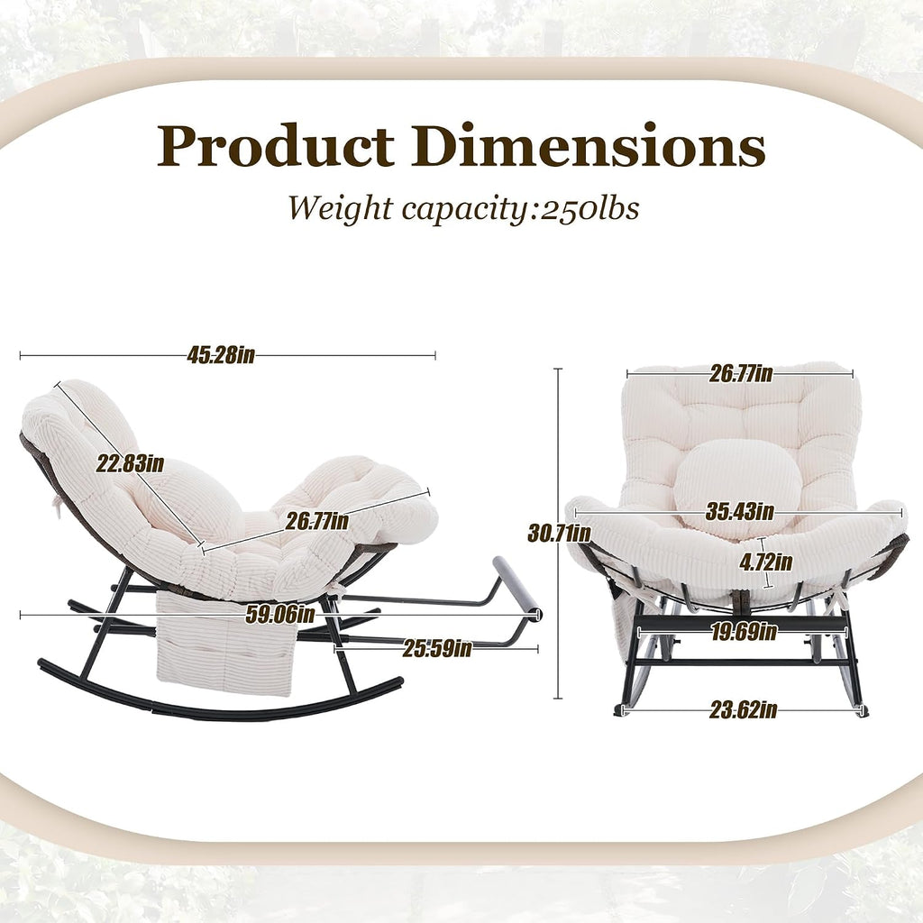 Rocking Chair Indoor & Outdoor, Oversized Patio Papasan Recliner Chair with Footstool Pillow & Side Pocket for Bedroom, Living Room, Garden, Balcony, Lawn (Beige)