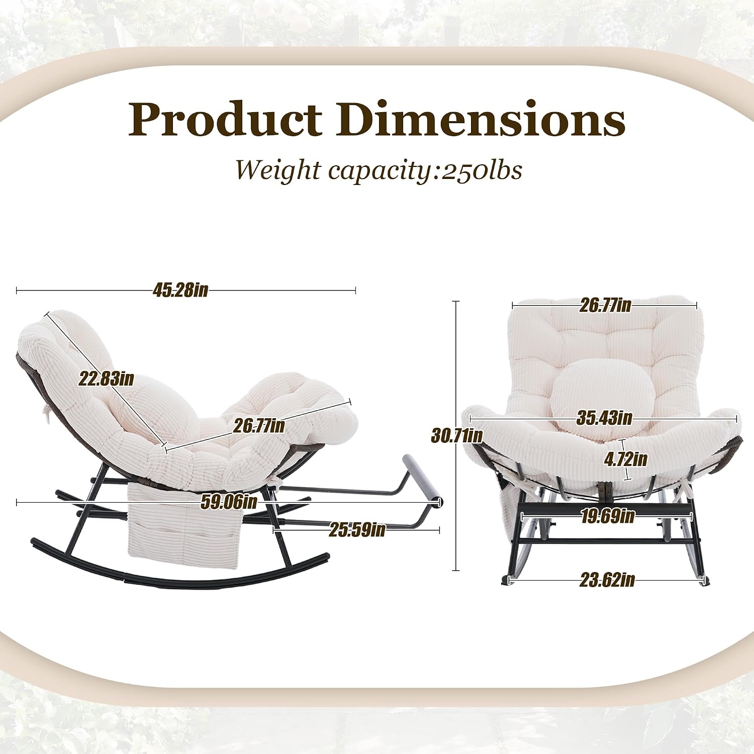 Rocking Chair Indoor & Outdoor, Oversized Patio Papasan Recliner Chair with Footstool Pillow & Side Pocket for Bedroom, Living Room, Garden, Balcony, Lawn (Beige)
