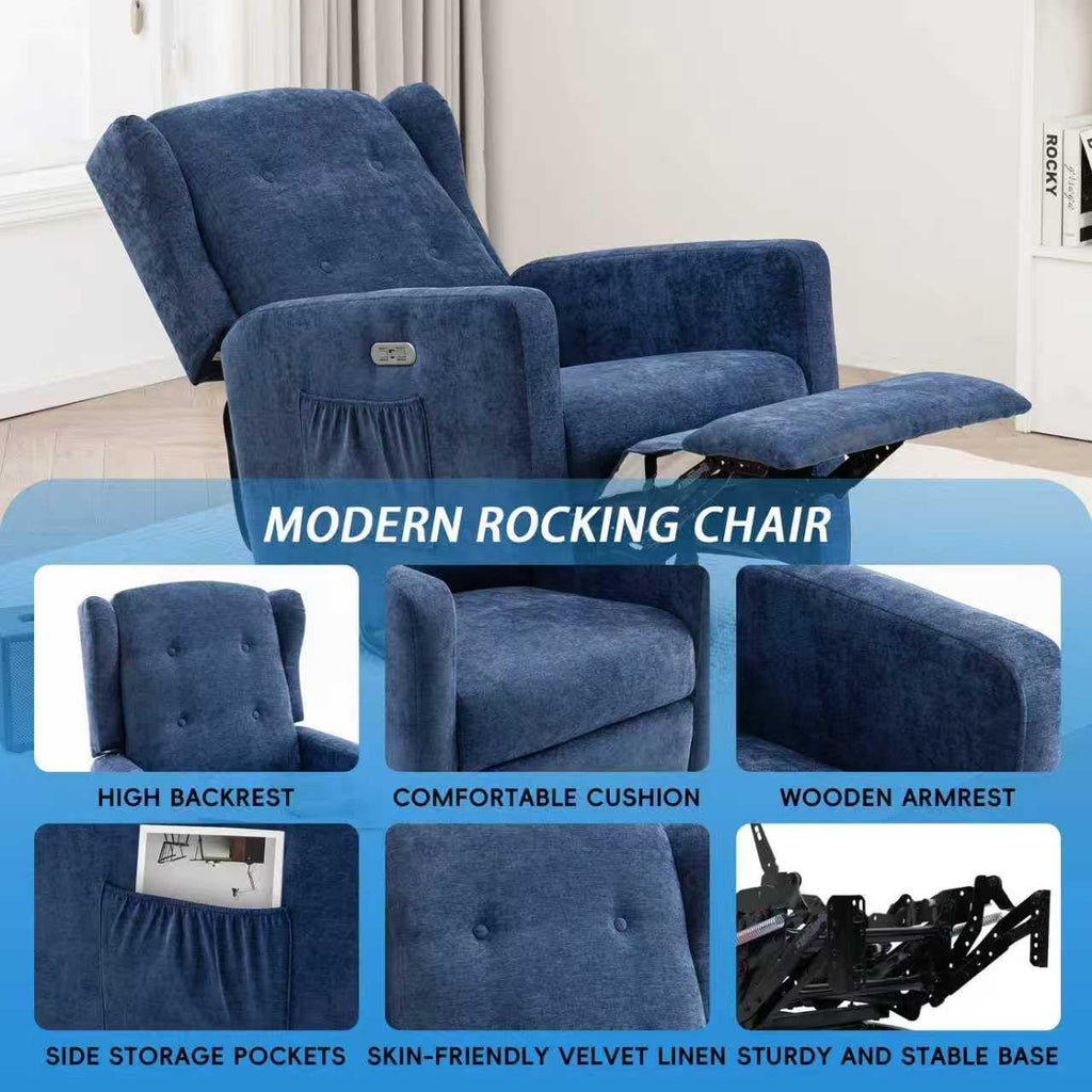 Swivel Rocker Power Recliner Chair for Nursery, 270° Swivel Glider Recliner with USB & Type-C Charging, Electric Reclining Chair with Storage Pockets, Upholstered Recliner for Living Room (NavyBlue)