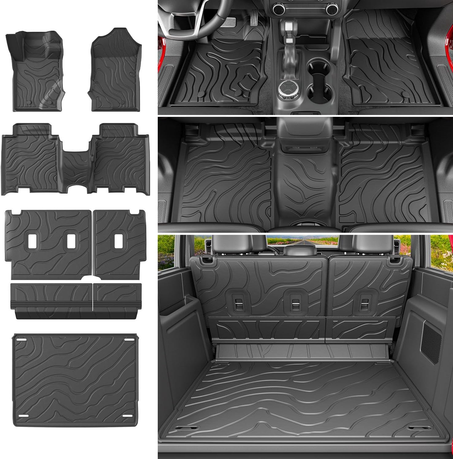 powoq 4 Door Floor Mats Compatible with 2021-2026 Ford Bronco Cargo Mat Floor Liner Back Seat Protector TPE Replacement for 2021-2026 Ford Bronco Accessories (Trunk Mat+Backrest Mat+Floor Mats)