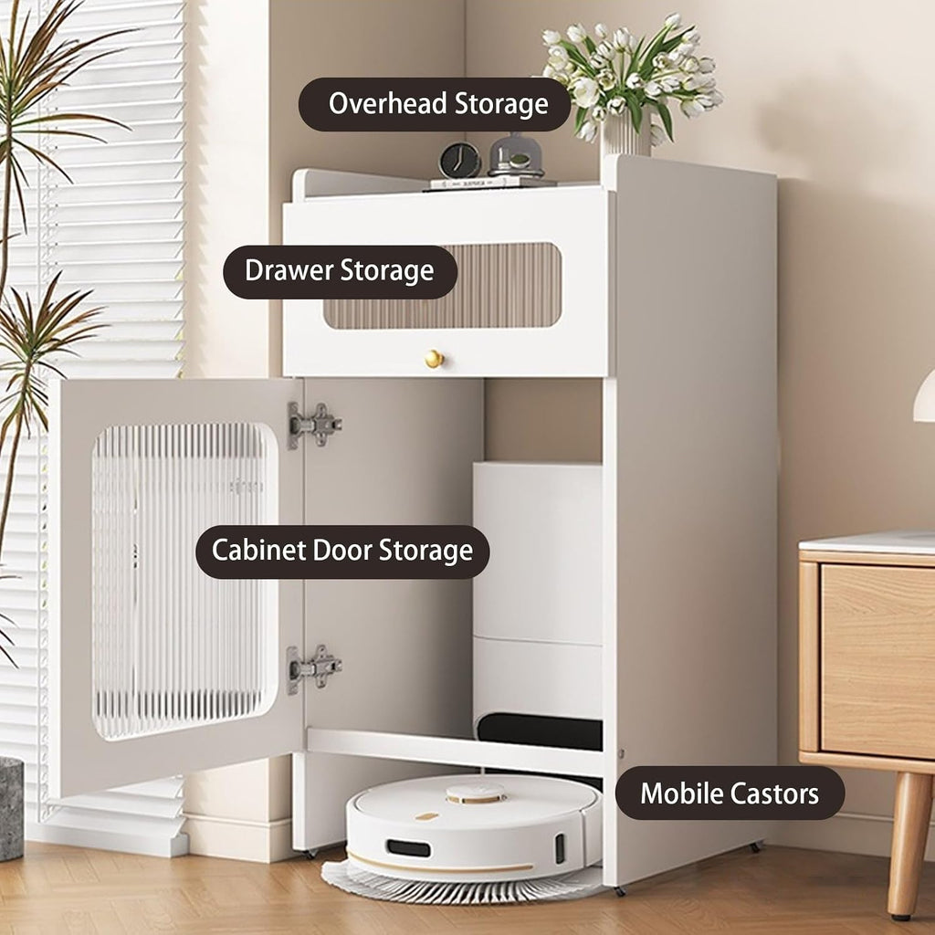 Self-Emptying Robot Vacuum and Mop Mobile Storage Cabinet Robot Vacuum Hidden Storage Cabinet with Wheels Home Office Living Room Garage Wood Accent End Table(Champagne,19.6x15.7x29.5in)