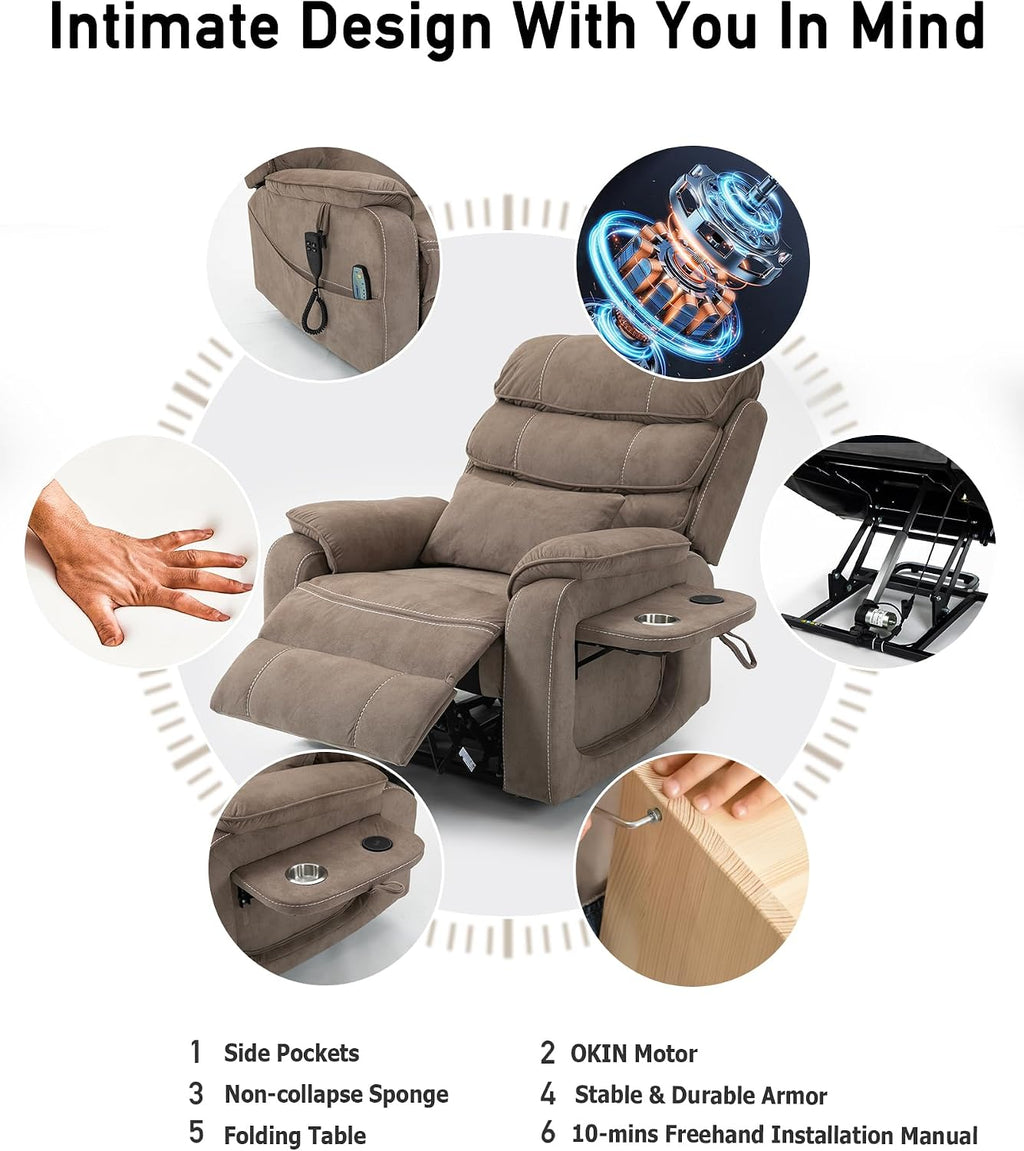 Power Lift Lazy Boy Recliner Chair, 2 Motor Flat Recliner, Nursing Lift Chair with Massage and Lumbar Heating, Adult Power Recliner with Side Pockets, Folding Table, Remote Control