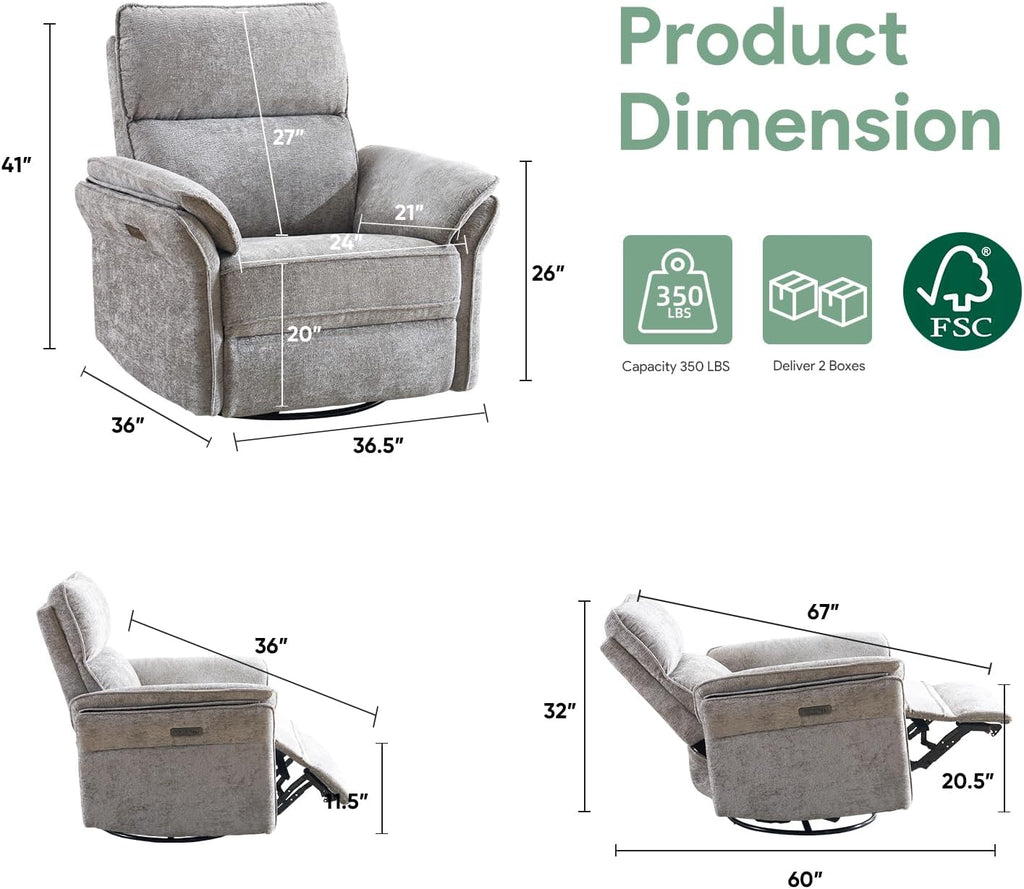 Power Nursery Rocking Chair with Massage and Heat,Swivel Rocker Recliner with Adjustable Headrest,Glider Recliner Nursery Chair for Breastfeeding,Nursery Rocker Recliner for Living Room,Light Grey