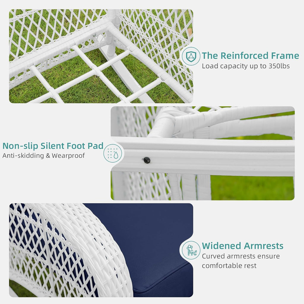 MEETWARM Outdoor Wicker Rocking Chair, Rattan Patio Rocker Chairs with Cushions and High Back, All-Weather Patio Wicker Chair with Safe Rocking Design for Garden Backyard Porch, White/Navy