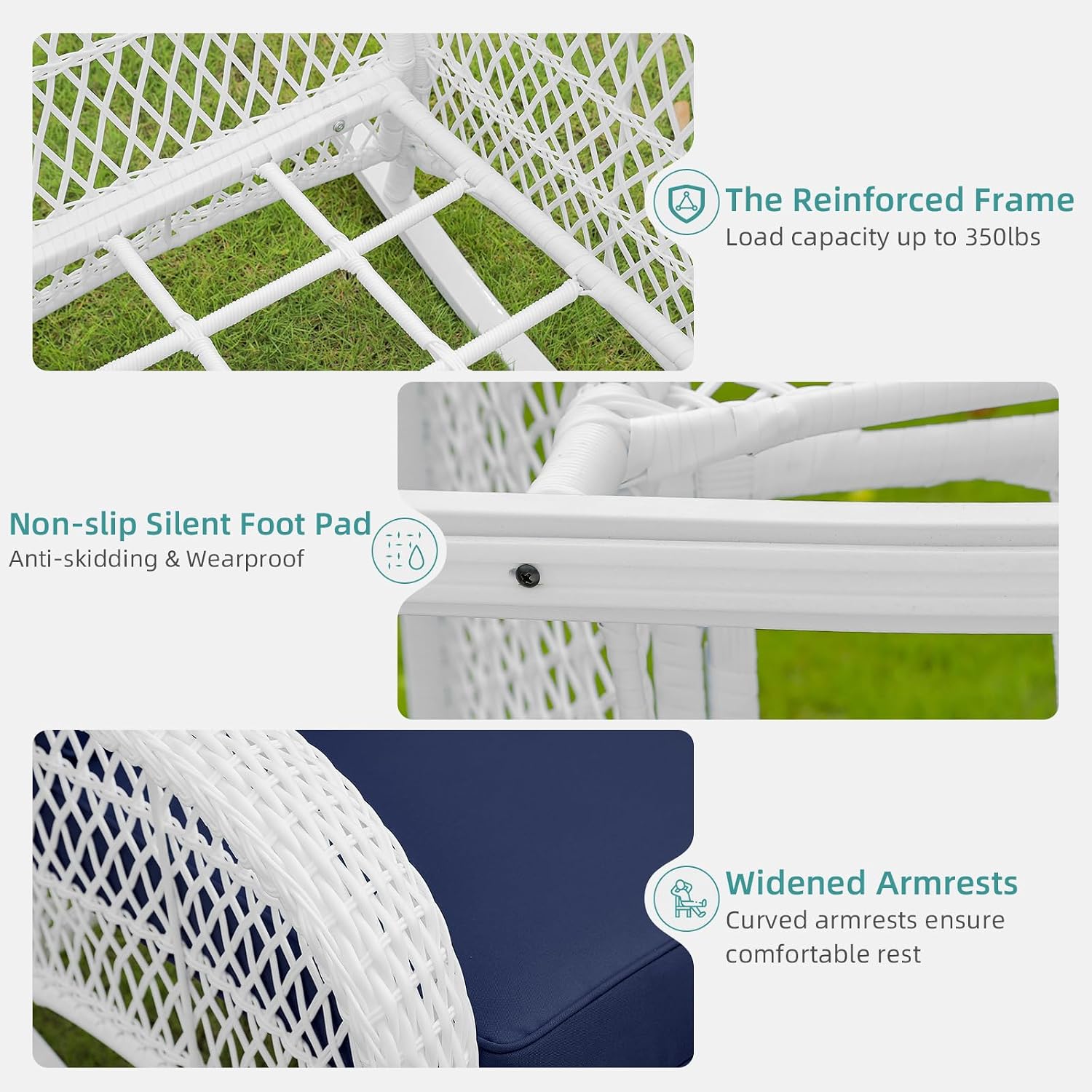 MEETWARM Outdoor Wicker Rocking Chair, Rattan Patio Rocker Chairs with Cushions and High Back, All-Weather Patio Wicker Chair with Safe Rocking Design for Garden Backyard Porch, White/Navy