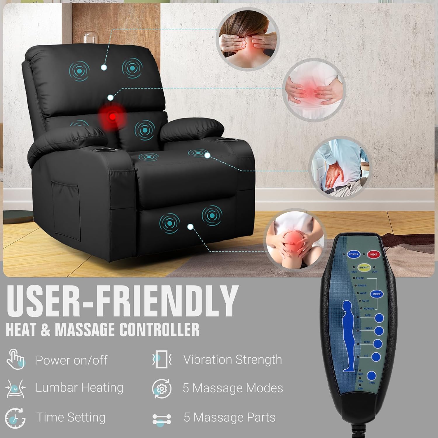 LEVELEVE Rocking Recliner Chair, Massage Rocker Recliner Chair with Vibration Massage and Heat, USB and Type-C Ports,360° Swivel Faux Leather Chairs, Living Room, Bedroom, Nursery, RV, Black