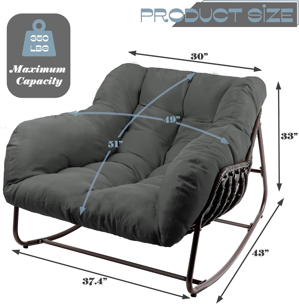 Papasan Rocking Chair Indoor & Outdoor, Oversized Patio Rocking Chairs with Padded Cushion& Pillow-Comfortable Rocker Egg Chair for Front Porch, Garden, Patio, Backyard,Grey,1PC