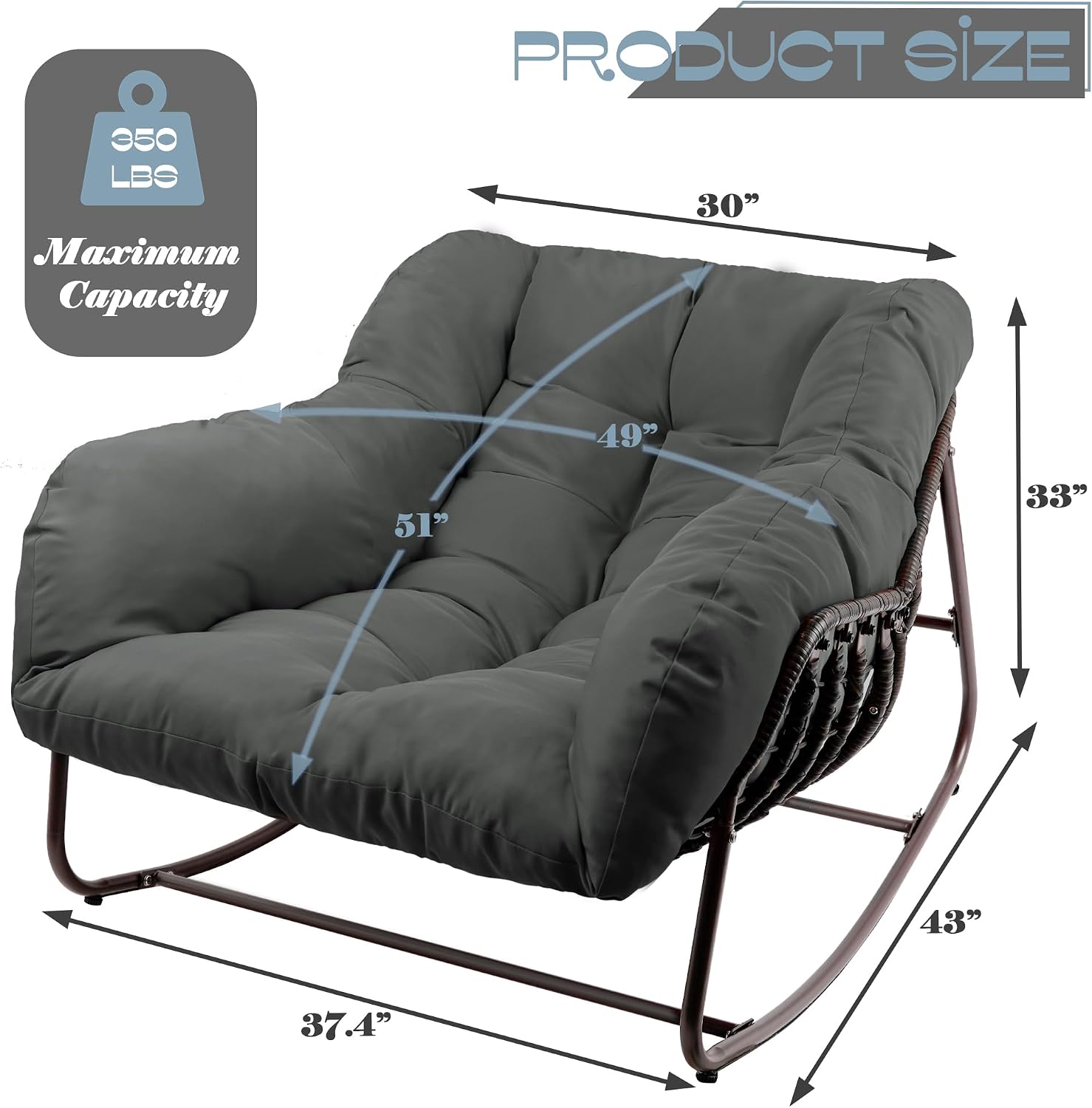 Papasan Rocking Chair Indoor & Outdoor, Oversized Patio Rocking Chairs with Padded Cushion& Pillow-Comfortable Rocker Egg Chair for Front Porch, Garden, Patio, Backyard,Grey,1PC