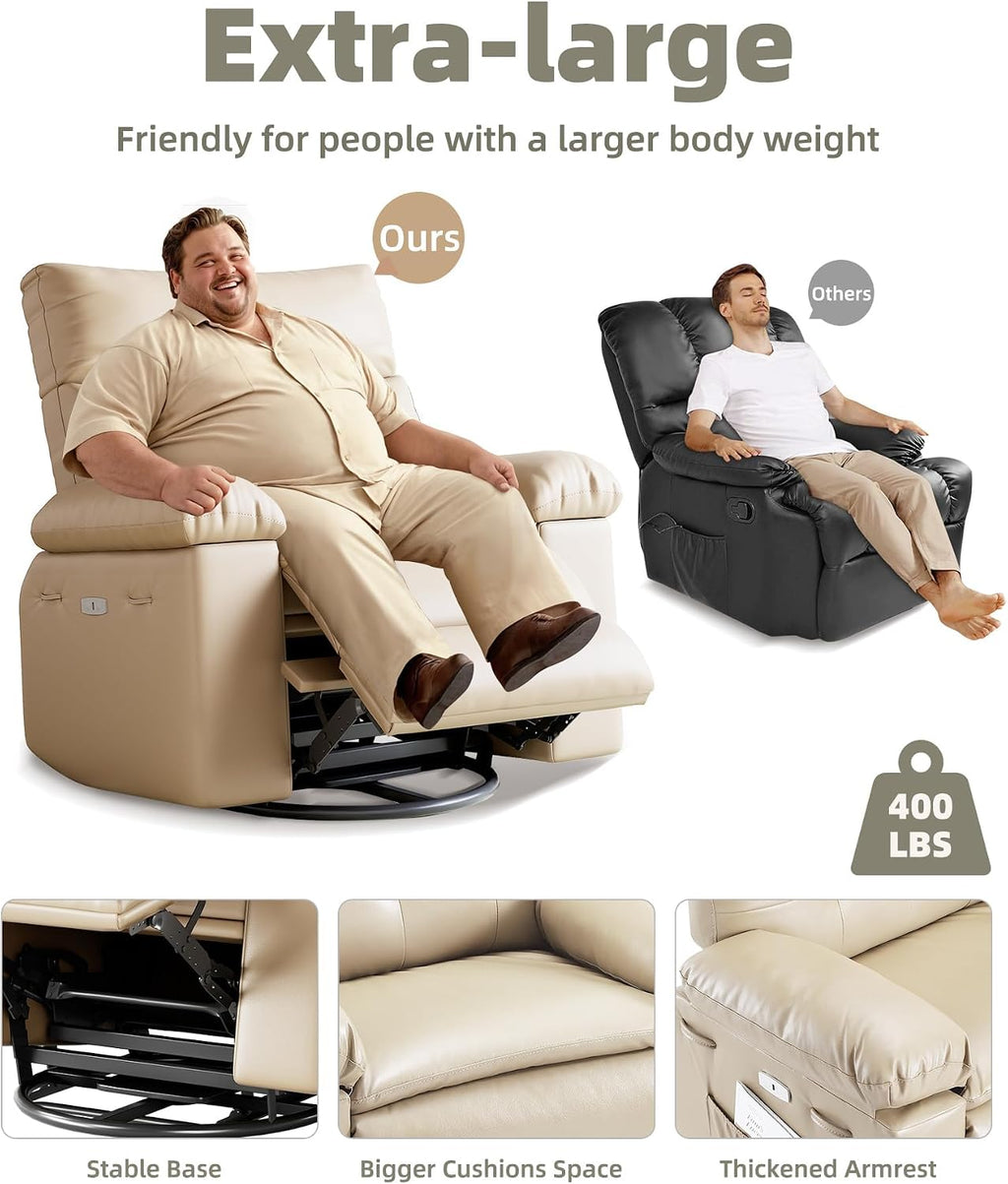 Oversized Recliner Chair with Heating & Massage, XL Faux Leather Nursery Rocking Chairs for Adults with Cup Holder and Side Pockets, Swivel Chair for Living Room, Bedroom Beige