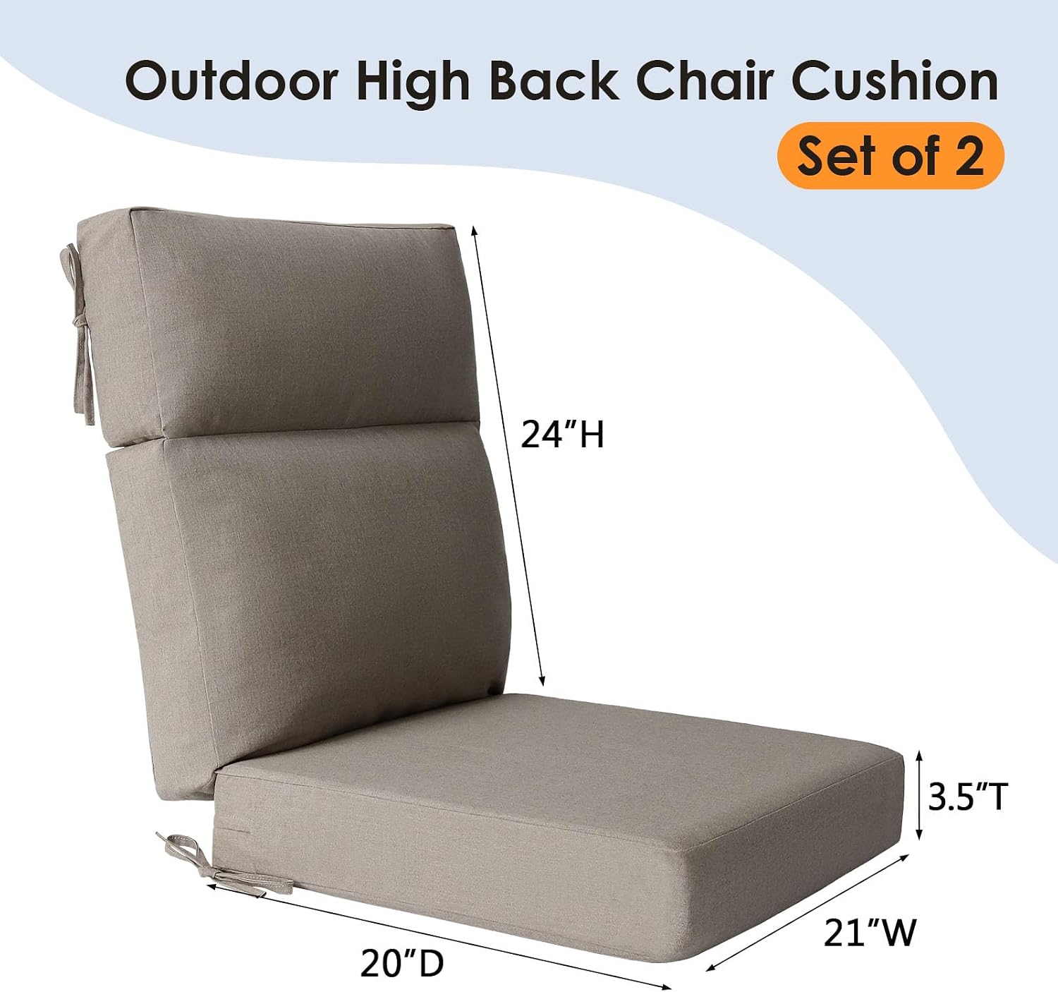 Unimatta Sunbrella Outdoor High Back Chair Cushion Seat Pads, 44 x 21 Inch Water-Repellent & Fade-Resistant Patio Furniture Cushions with Ties for Adirondack, Rocking Chairs, Cast Shale
