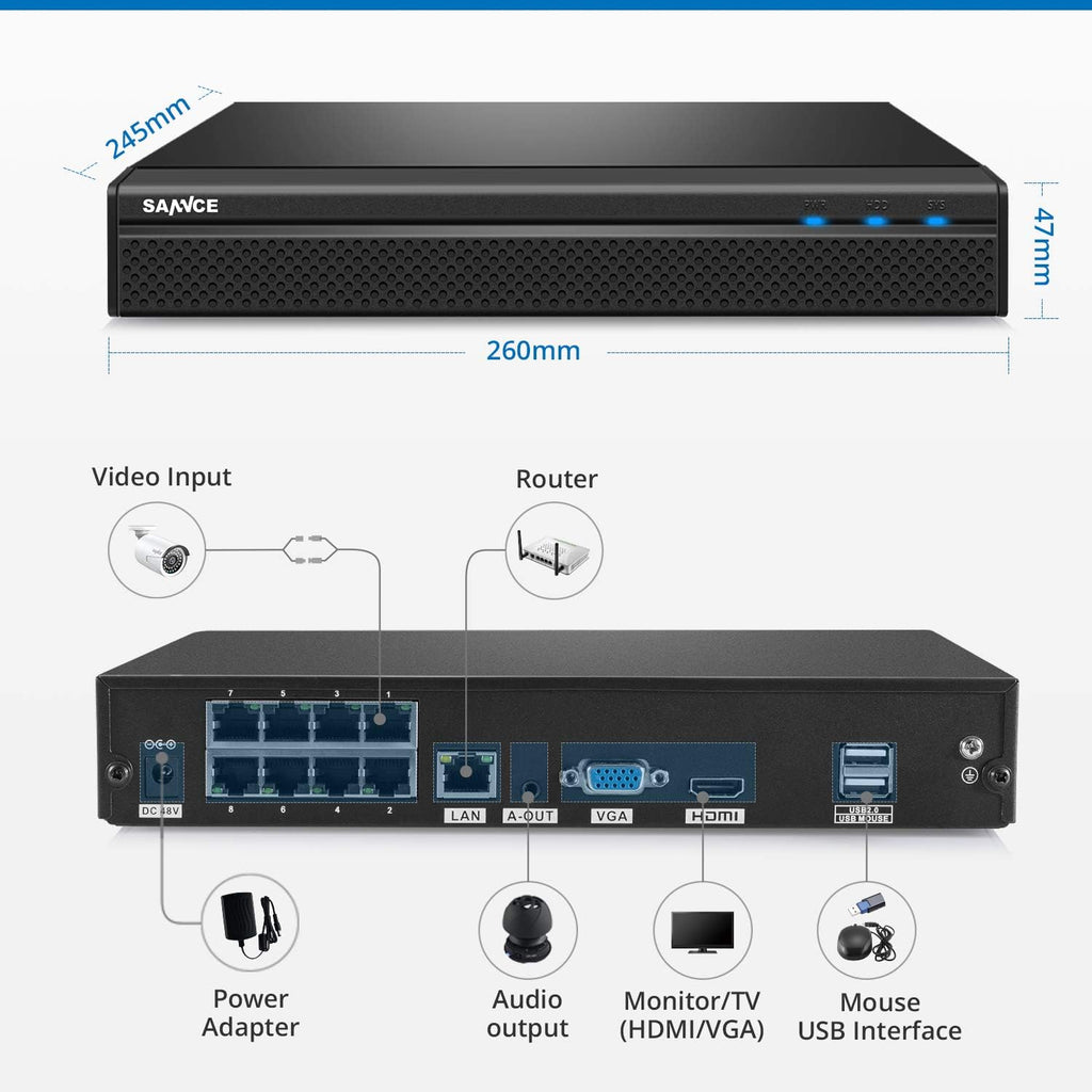SANNCE 4K POE Security Camera System - 8CH 8MP NVR Recorder with 4PCS 5MP Outdoor Bullet Surveillance Cameras, Power Over Ethernet, Easy Mobile Access with APP Alert(No HDD)