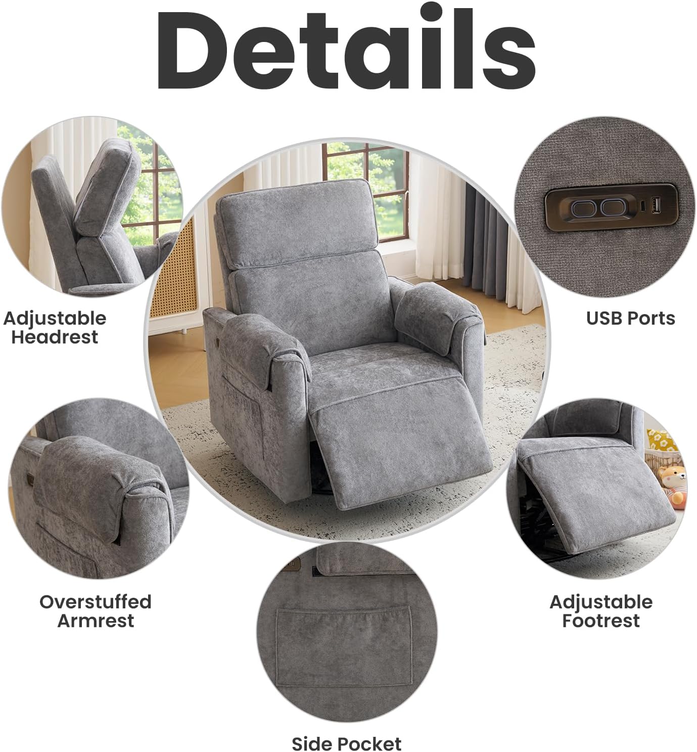 Chenille Rocking Chair Nursery with Adjustable Headrest, 24' Extra Wide Swivel Rocker Recliner with Overstuffed Armrest, Oversized Power Rocker Recliner with USB Ports, Grey