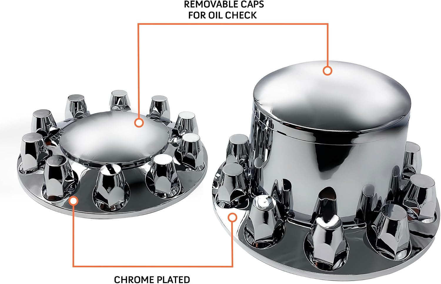 TORQUE Chrome Front and Rear Axle Complete Wheel Cover Set 33mm Screw-on Lug Nut Covers for Semi Trucks (Installation Tool Included) Standart Hub Caps Kit (2 Front & 4 Rear) (TR082)