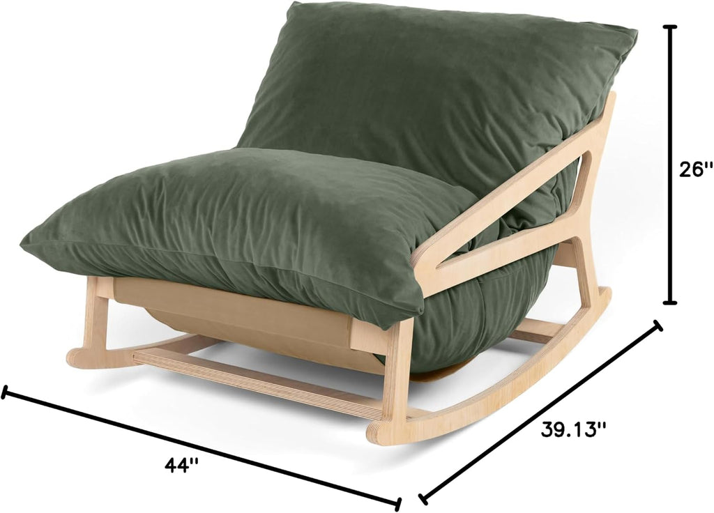Pillow Saxx Bean Bag Rocking Chair - Elegant Oversized Rocker with Modern Wood Frame, Lush Velvet Green