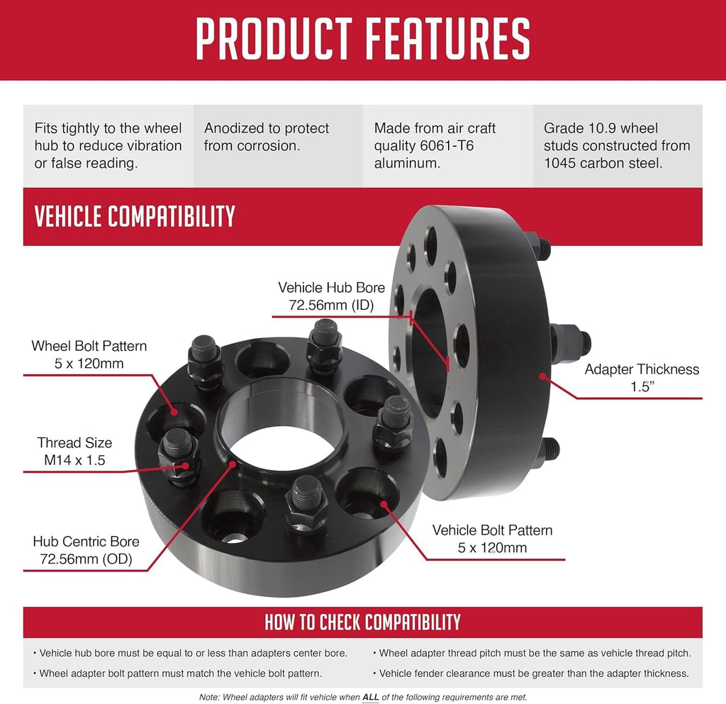Wheel Accessories Parts 4 Pcs Hub Centric Wheel Spacers 5 on 120mm 5x120mm 1.50 Inch Thick 72.56mm Hub M14x1.5 14x1.5 Thread Stud Fits Land Rover Range Rover Sport Range Rover Discovery Defender 110