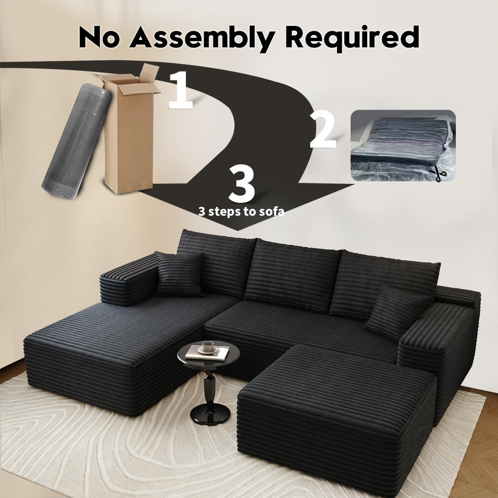 107.5' Cloud Sectional Couch with 1 Ottoman,Modern Modular Sofa with Deep Seat, Comfort U Shaped Sofa Couches for Living Room Bedroom Apartments,No Assembly Required, (Black,Left Facing Chaise)
