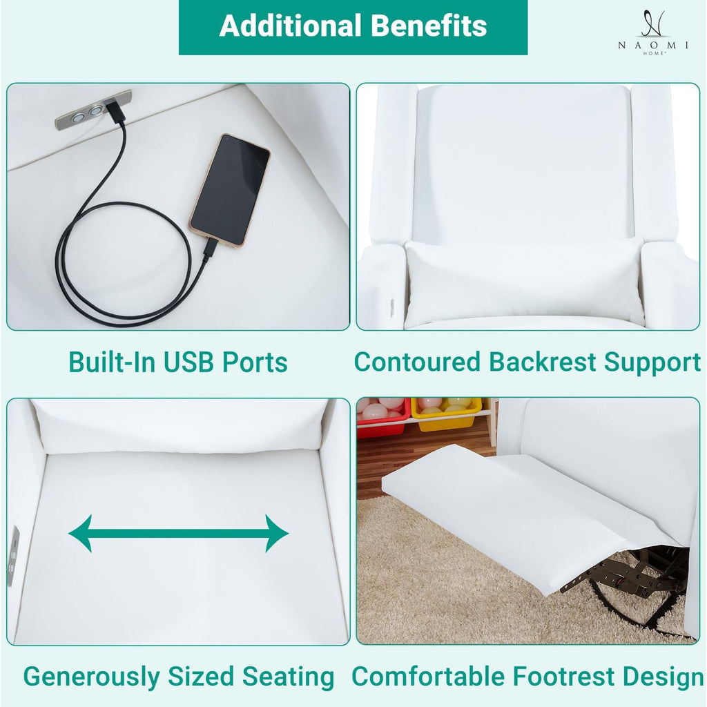 Naomi Home Tanya Luxury Motion Recliner Chair, Bright White – Plush Upholstered Glider Rocker with USB Charging, Swivel, and Lumbar Support for Nursery Comfort, 275 lbs Capacity