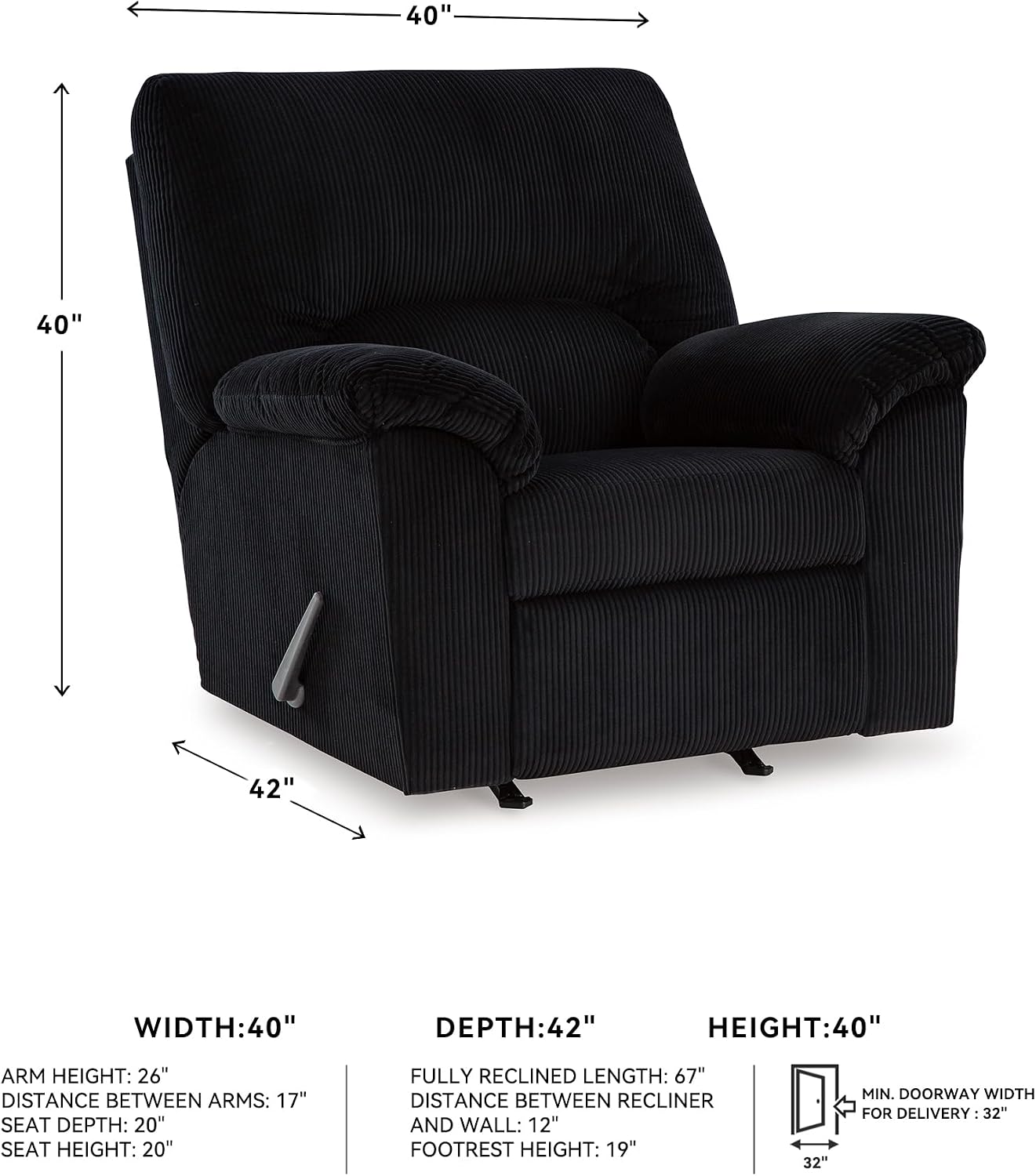 Signature Design by Ashley SimpleJoy Casual Manual Rocker Recliner with Pillow-Top Arms, Black