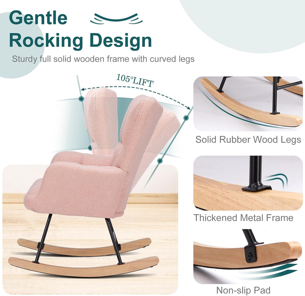 Rocking Chair Nursery, Teddy Upholstered Glider Rocker with High Backrest, Reading Chair Modern Rocking Accent Chairs Glider Recliner for Living Room, Nursery, Bedroom (Pink)
