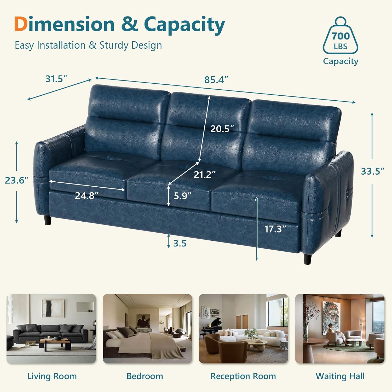 STHOUYN 85' Faux Leather Couch with USB, 3 Seater Couch for Living Room, Large Mid Century Modern Office Sofa for Apartment, Bedroom, Blue
