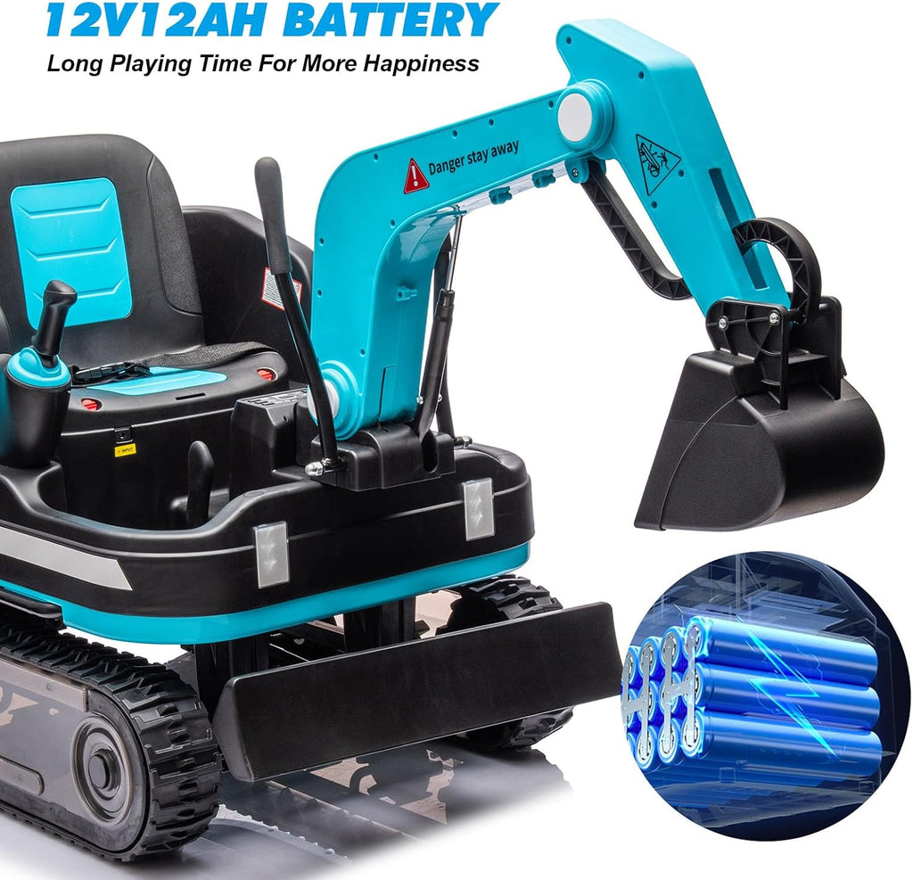 360 Degree Rotating Ride On Excavator and Bulldozer,JOYLDIAS 12V12AH Battery Powered Ride On Toy Backhoe W/Track Design Wheels for All Terrain,Remote Control,MP3,Toolbox for Kids,Parent,Blue