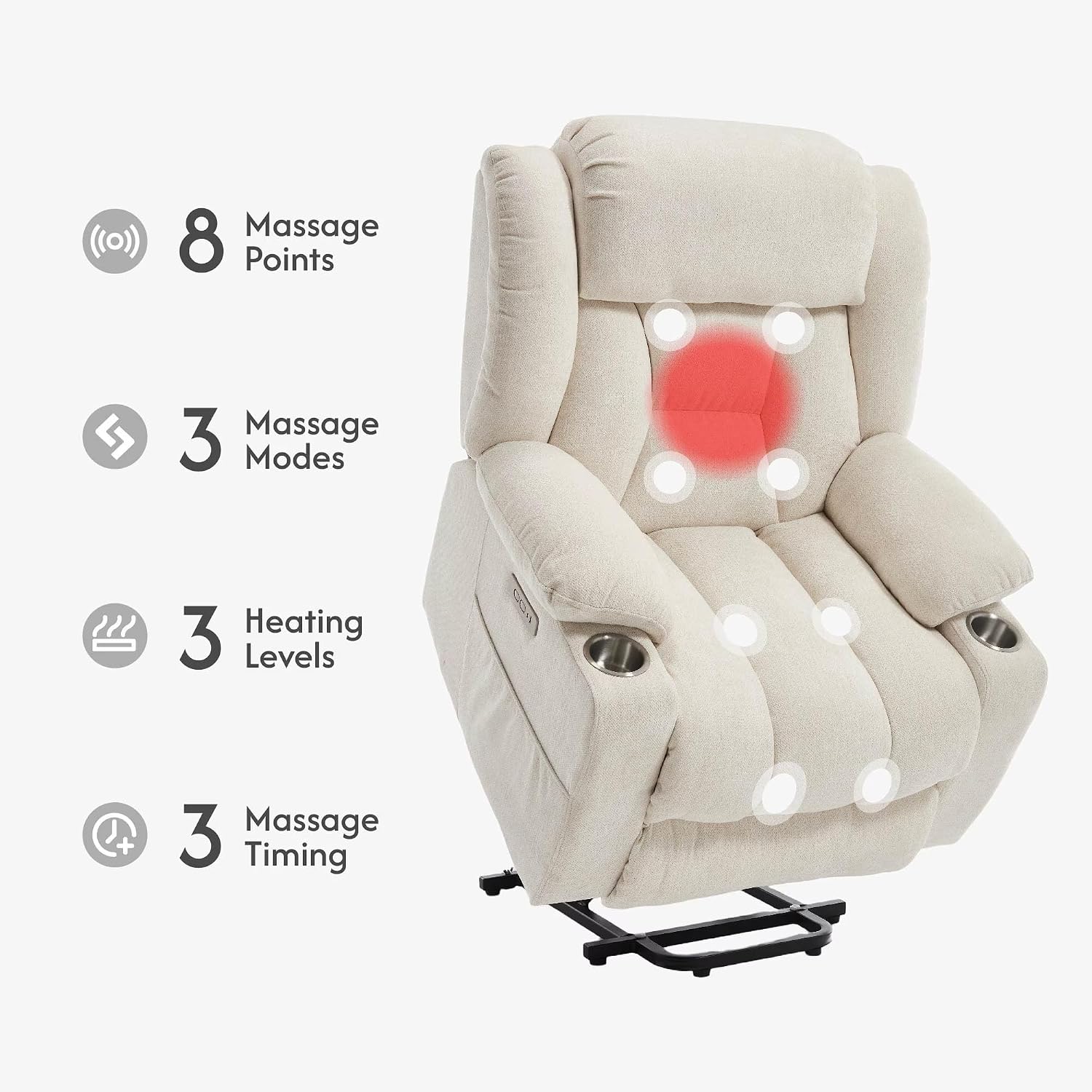 FLEXISPOT Power Lift Recliner Chair with Massage & Heat, Single Motor Lift Chair, Chenille Fabric Upholstery, USB/Type-C, Cup Holders, Side Pockets, Beige